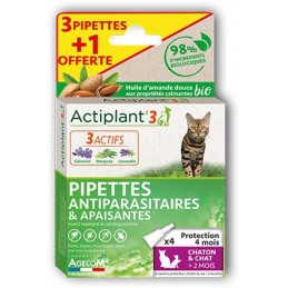 Actiplant'3 - Pipettes antiparasitaires & apaisantes - Chaton et chat 2 mois et + 3pipettes + 1 offerte 