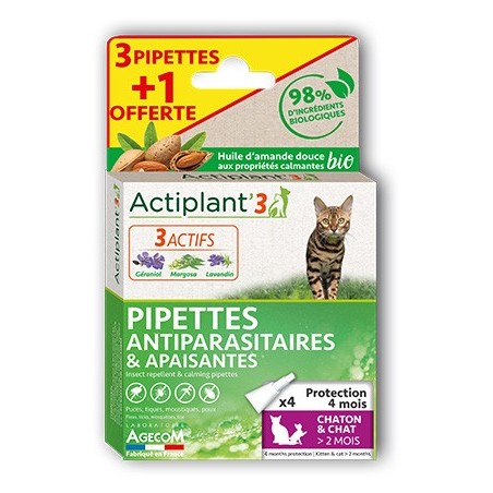 Actiplant'3 - Pipettes antiparasitaires & apaisantes - Chaton et chat 2 mois et + 3pipettes + 1 offerte 